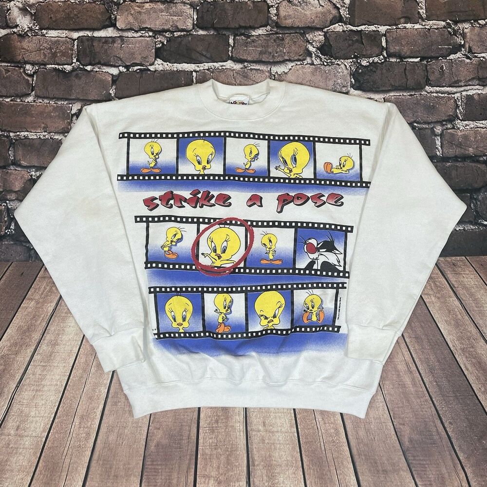 Vintage 1996 Looney Tunes Tweety Strike A Pose Graphic Crew Sweatshirt Sz Large